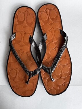 Coach Laurel Gunmetal Beaded Flip Flop Sandal Signature C Footbed Size 11